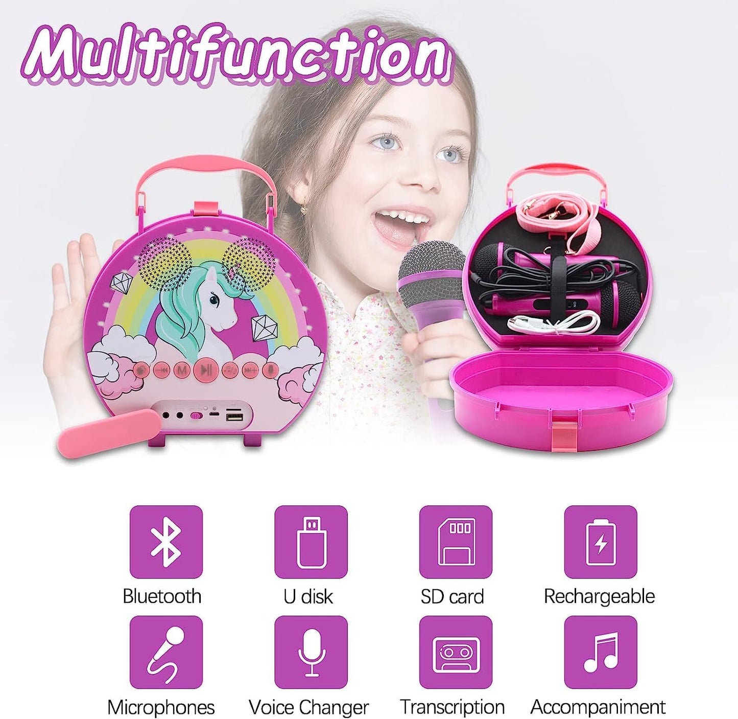 GOMINIMO Kids Portable Karaoke with Two Microphones (Round, Purple Unicorn)