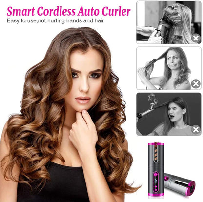 Portable Wireless Automatic Hair Curler for Travel with LED Temperature Display, Timer and USB Rechargeable (Pink)