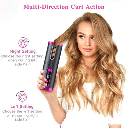 Portable Wireless Automatic Hair Curler for Travel with LED Temperature Display, Timer and USB Rechargeable (Pink)