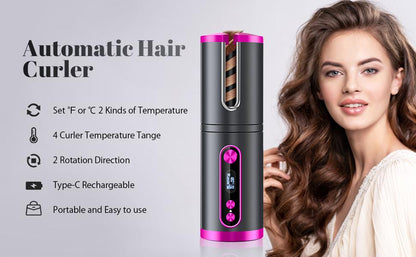 Portable Wireless Automatic Hair Curler for Travel with LED Temperature Display, Timer and USB Rechargeable (Pink)