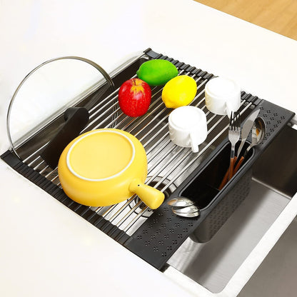 Large Stainless Steel Roll Up Dish Drying Rack with Utensil Holder for Home Kitchen