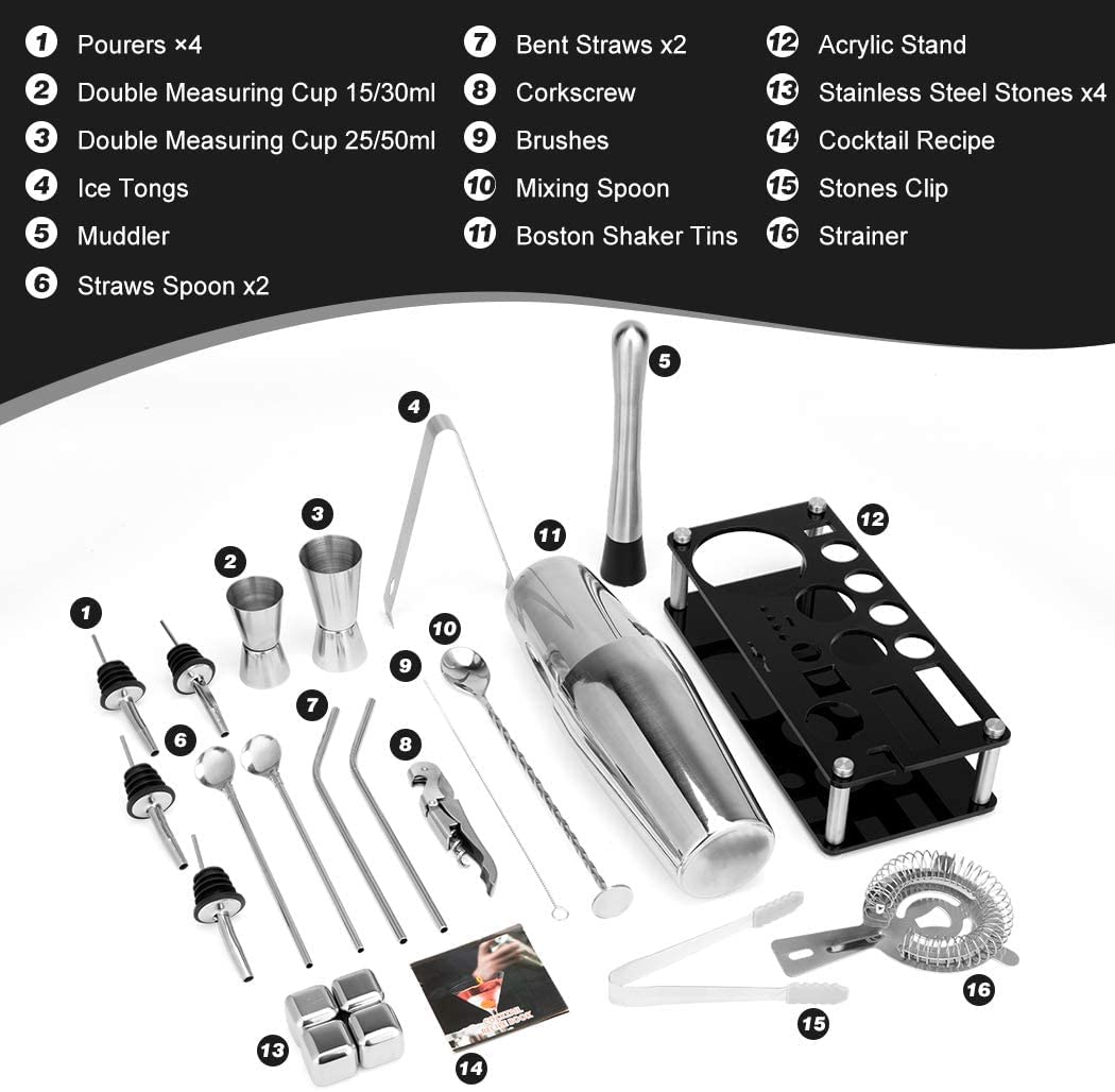 Cocktail Shaker Set Boston 23-Piece Stainless Steel and Professional Bar Tools for Drink Mixing