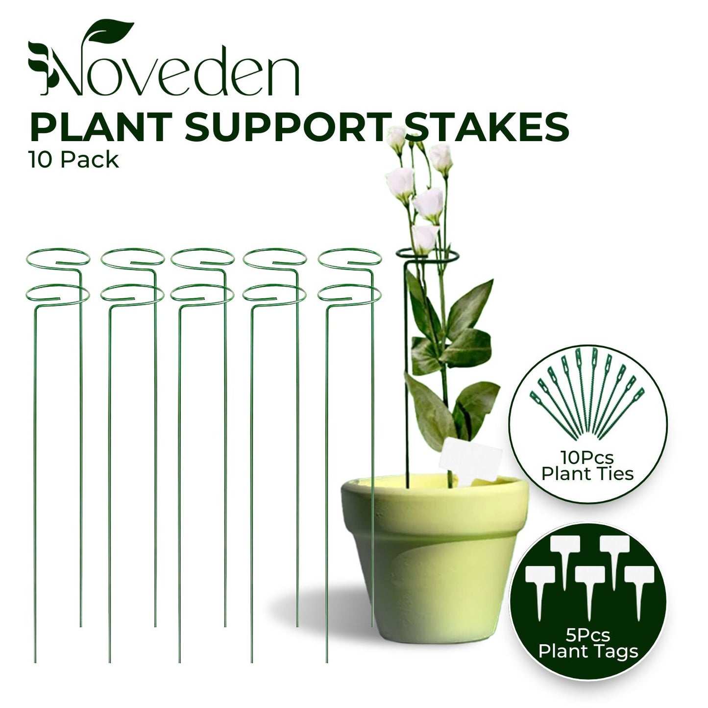 Noveden 10pcs Set Plant Flower Stake Single Stem Support Home Garden Stick Green