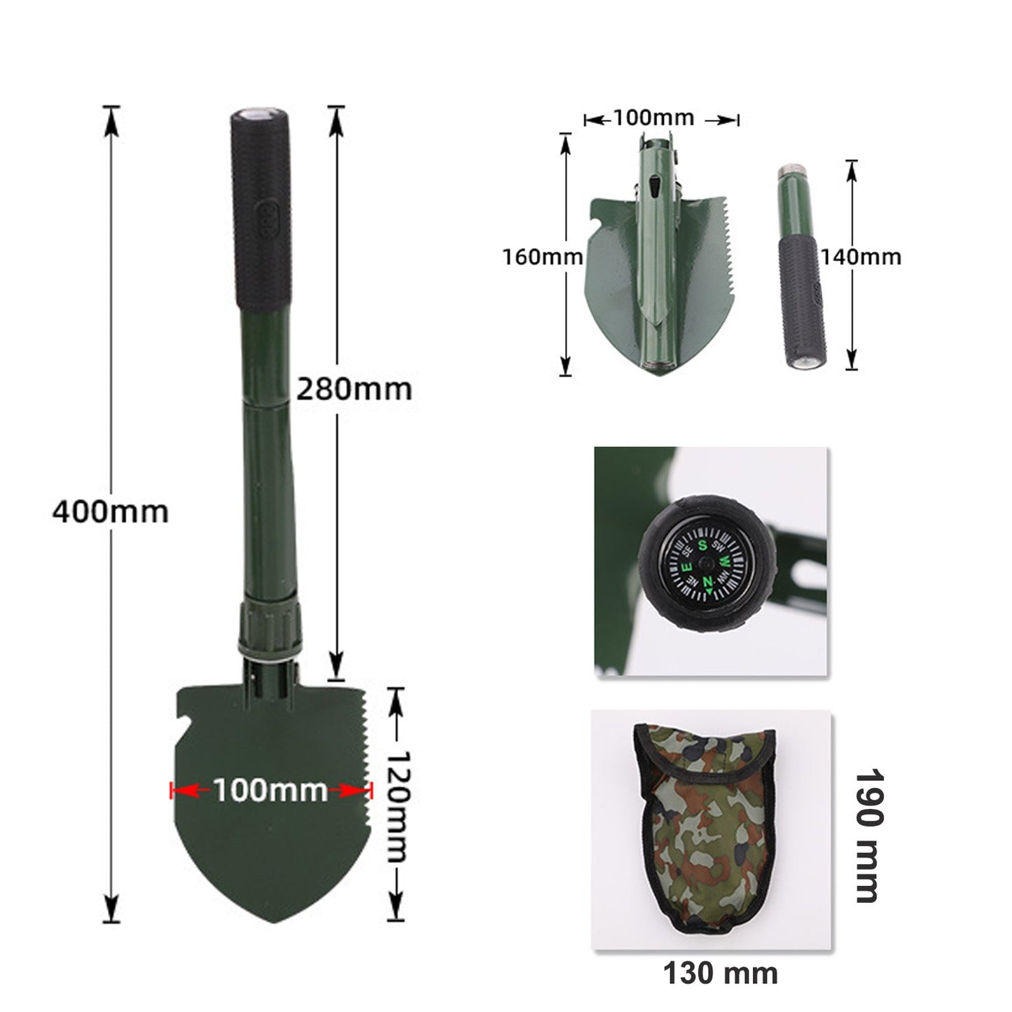 Survival Spade Camping Compass Mini Folding Shovel comes with carrying pouch