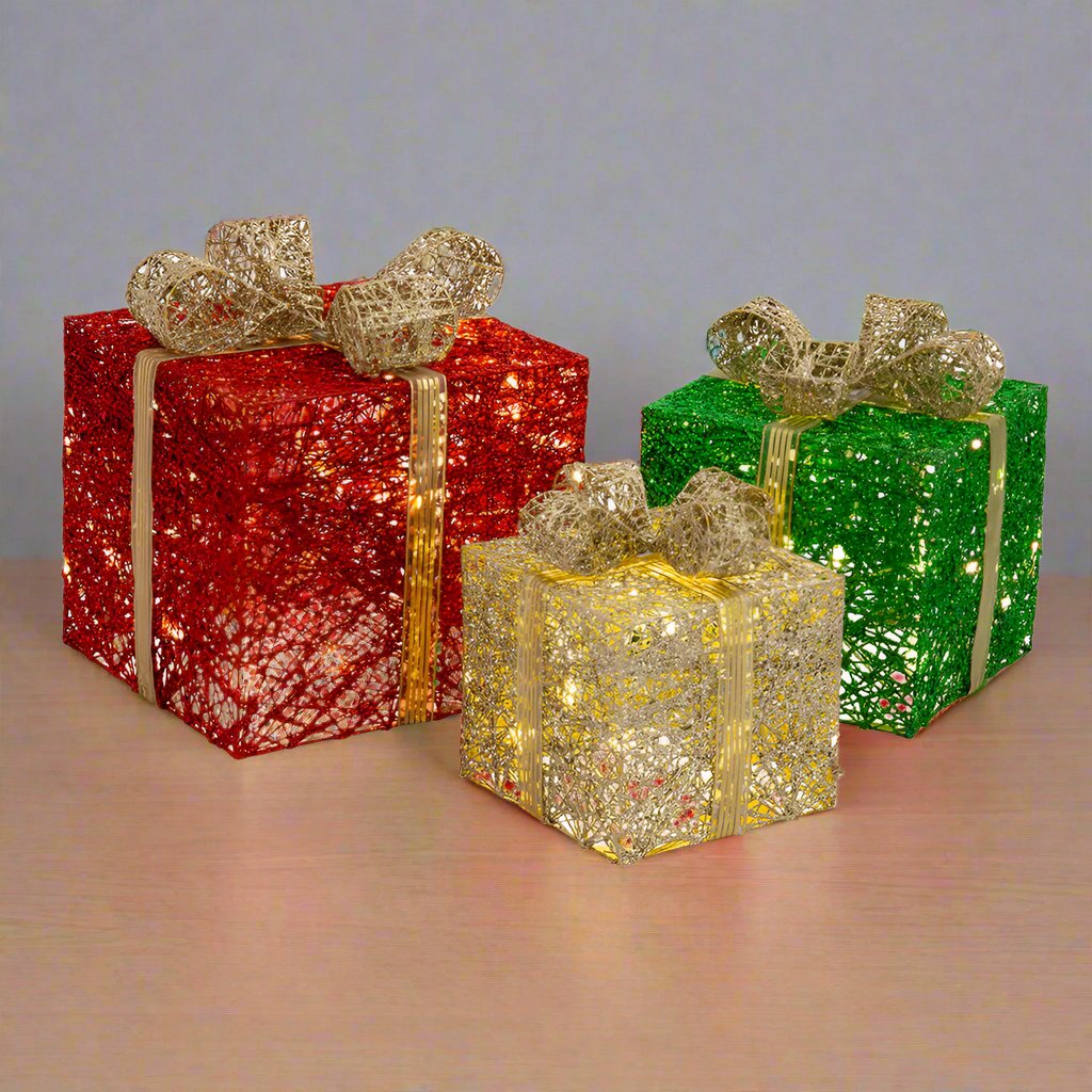 LED Jumbo Presents 3-Piece Glitter/Gold Bow Twinkle